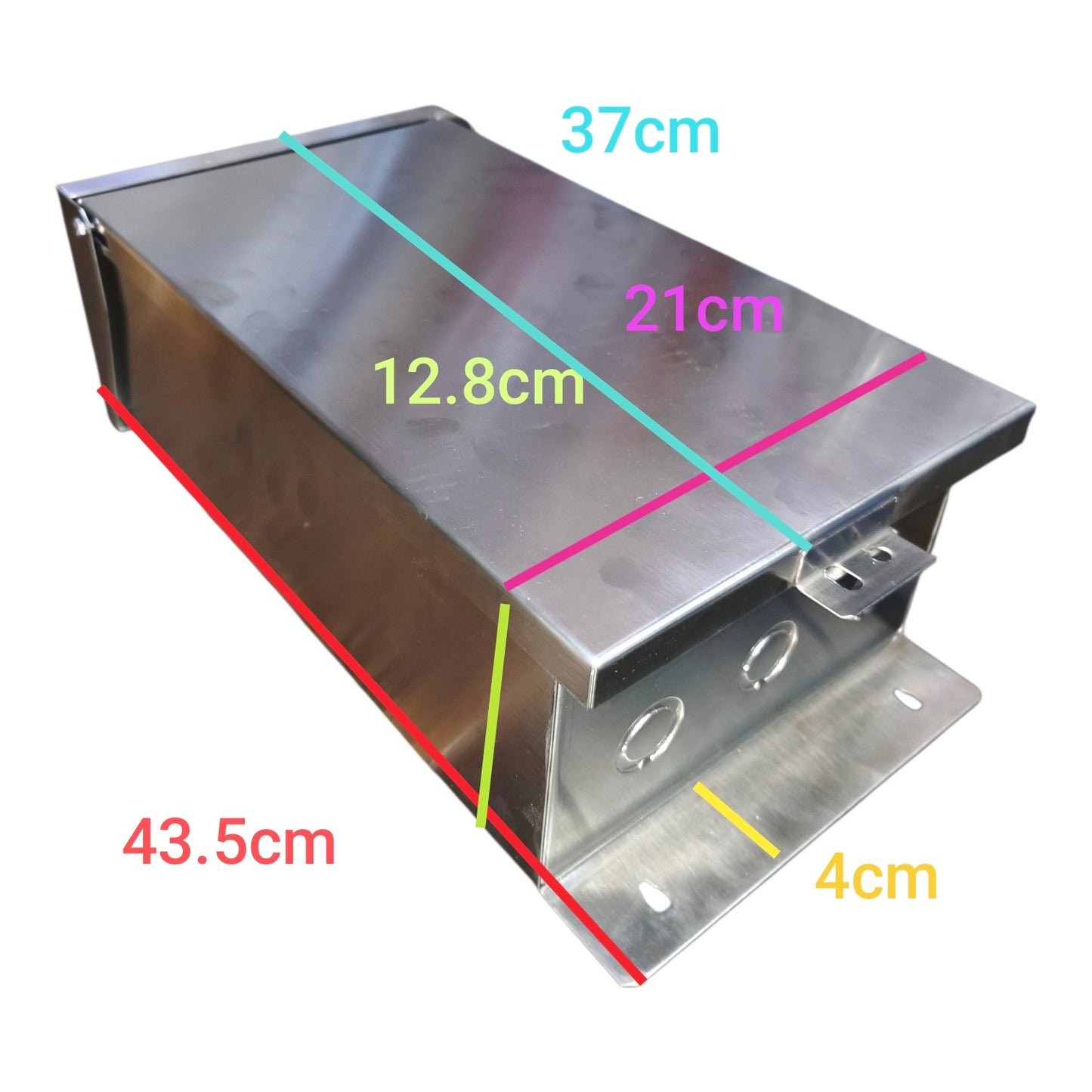A stainless steel metal box with overlaid dimension lines and labels showing measurements of 37cm, 12.8cm, 21cm, 43.