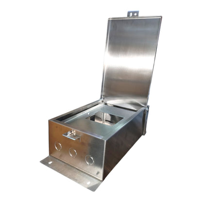A brushed stainless steel utility storage box with its lid open, featuring a latch closure, three circular openings on the front panel, and mounting tabs on the top and front base, shown against a plain white background.
