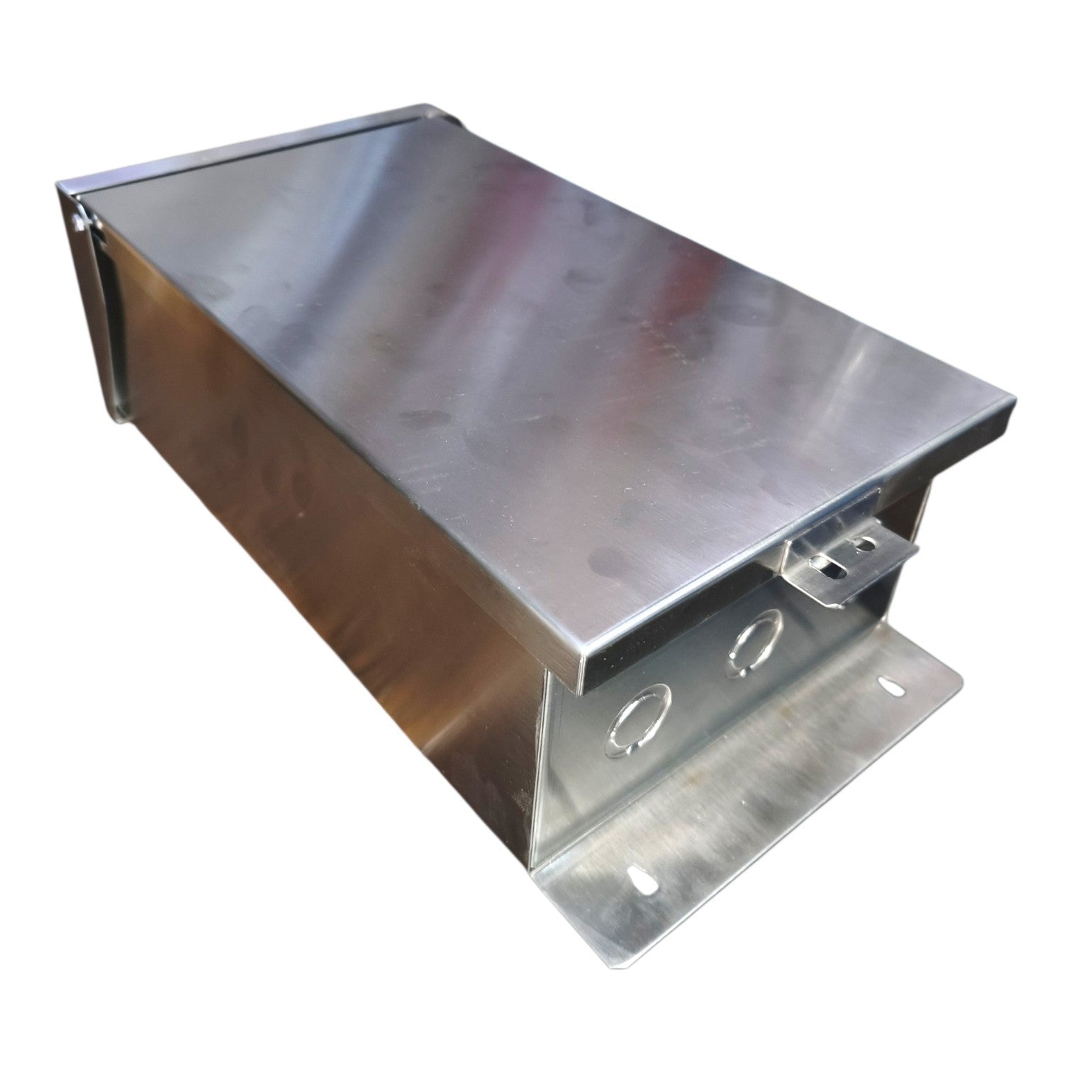 A rectangular stainless steel electrical junction box with mounting brackets on the front and side, shown on a plain white background.