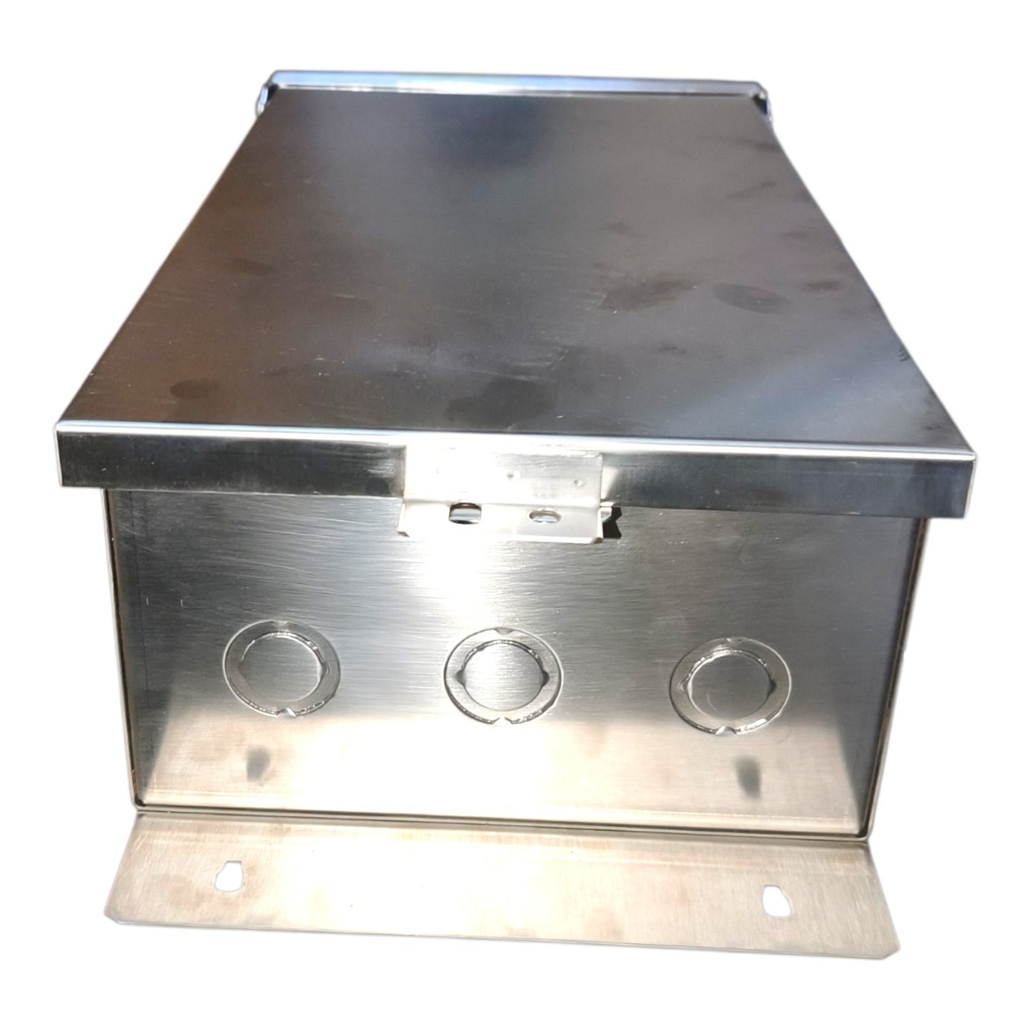 A brushed stainless steel electrical junction box with a hinged metal lid, three circular terminal holes on the front, and a mounting bracket at the bottom, shown against a plain white background.