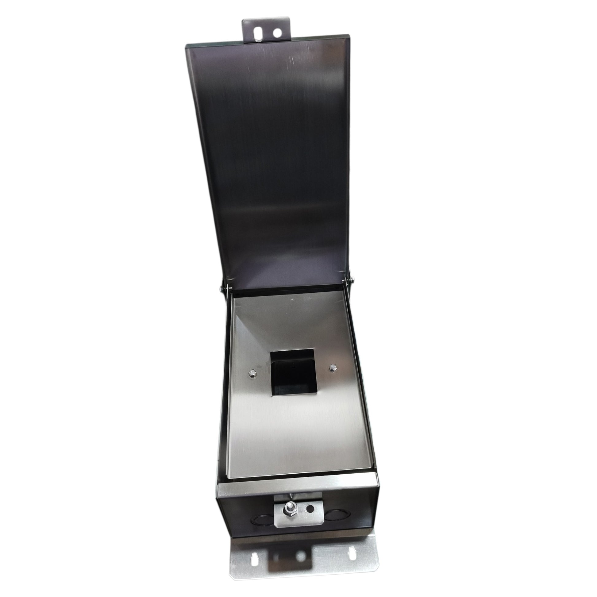 A brushed stainless steel and black metal electrical junction box with an open top lid, shown on a plain white background.