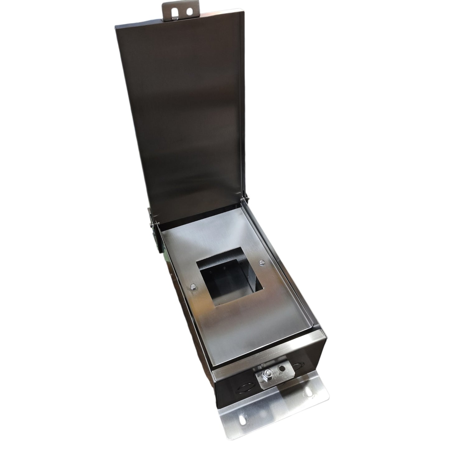 A stainless steel and black metal electrical junction box with an open top lid and a square opening on the inner panel, shown on a plain white background.
