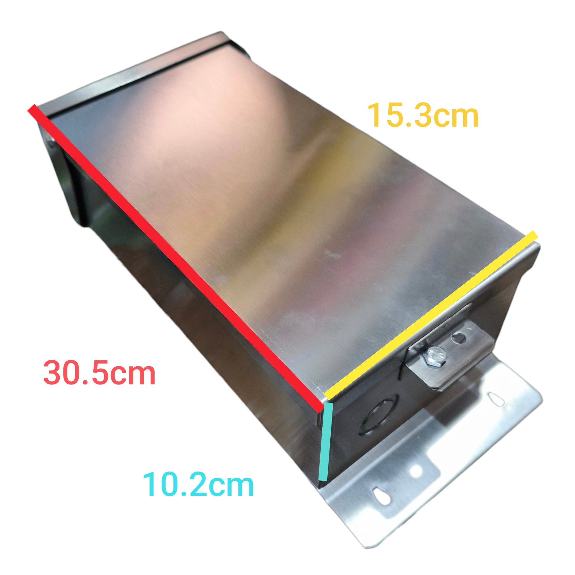 A stainless steel metal box with dimension labels showing 30.5cm, 15.3cm, 10.2cm, and 10.2cm on a white background.