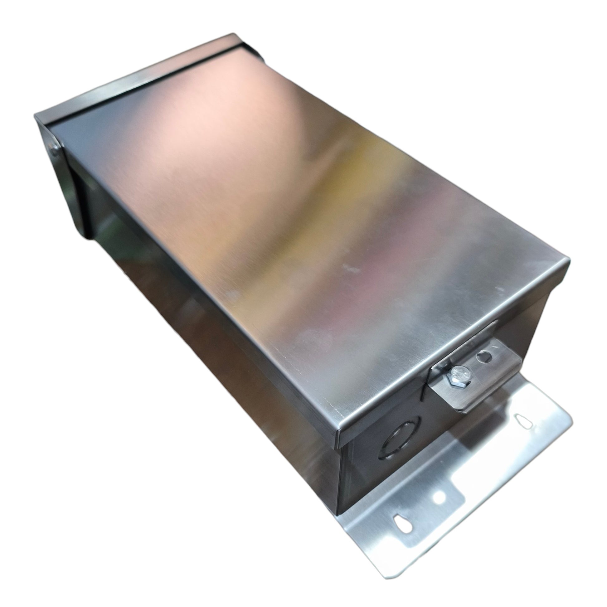 A brushed stainless steel electrical junction box with mounting brackets on two ends, shown on a plain white background.