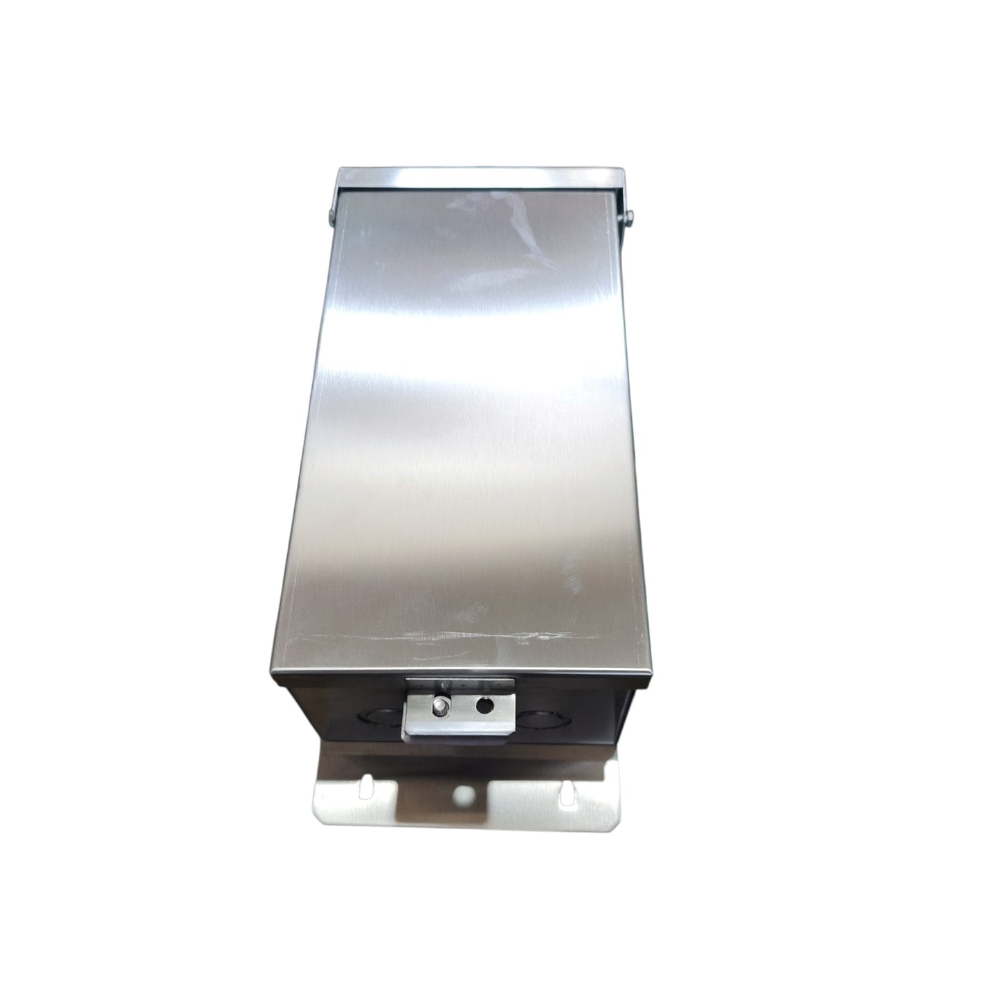 A rectangular stainless steel metal box with a brushed finish, featuring a mounting bracket at the bottom and a latch mechanism on the front, isolated on a white background.