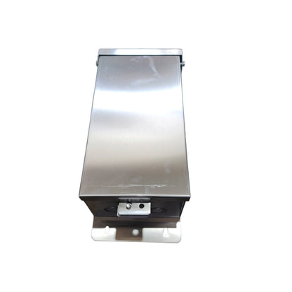 A rectangular stainless steel metal box with a brushed finish, featuring a mounting bracket at the bottom and a latch mechanism on the front, isolated on a white background.
