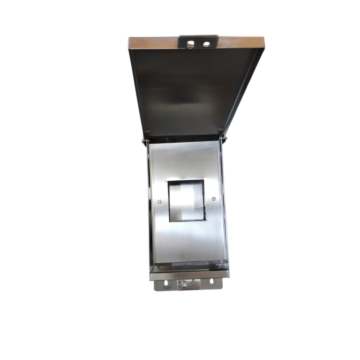 A stainless steel wall-mounted electrical outlet cover plate with a hinged lid, shown open against a plain white background.