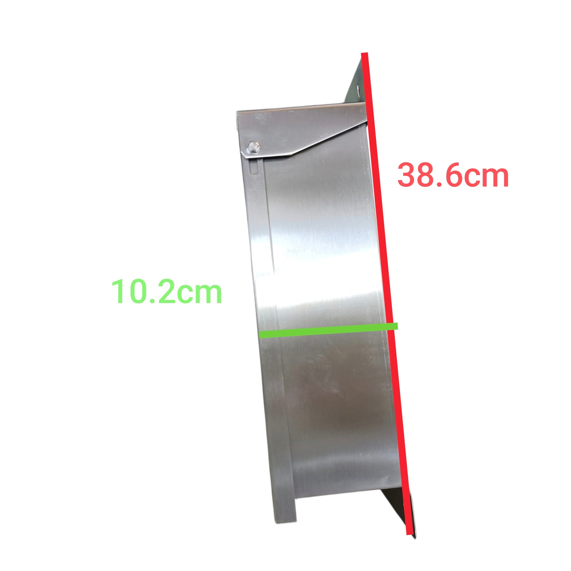 A stainless steel rectangular panel shown on a white background with green and red dimension lines and text indicating 10.2cm, 38.