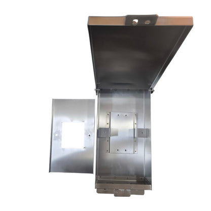 A stainless steel electrical junction box with its top cover open, showing the interior mounting plate and a separate side panel with a cutout, isolated on a white background.