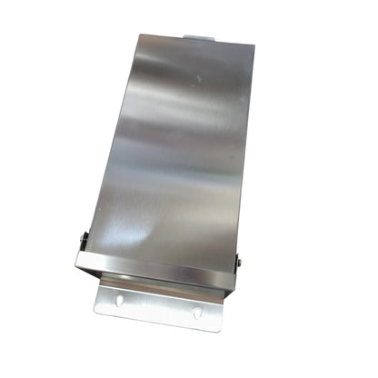 A brushed stainless steel metal mounting bracket or cover with a flat rectangular panel and two bolt holes on the lower flange, shown on a plain white background.