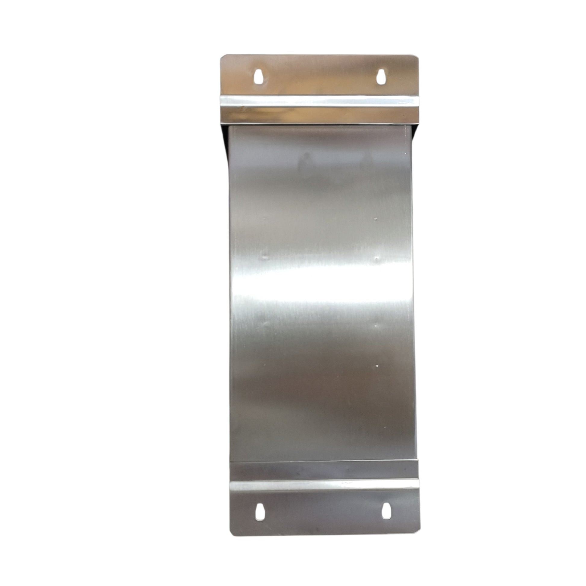 A brushed stainless steel mounting bracket with two pre-drilled holes on the top and bottom flanges, shown against a plain white background.