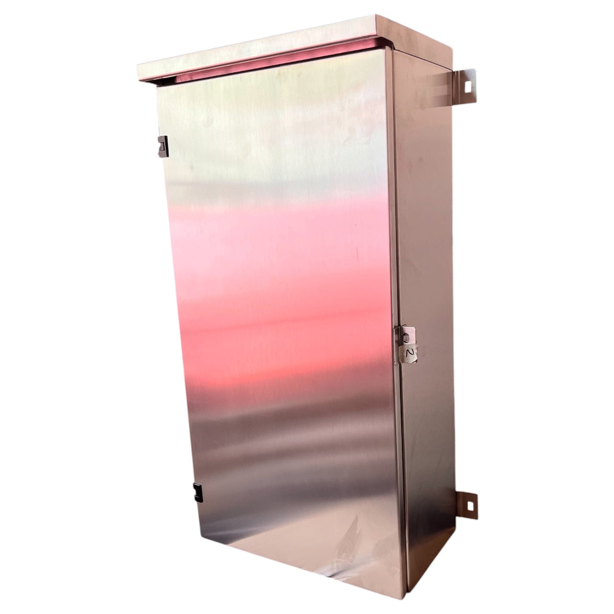 A tall stainless steel electrical cabinet with a brushed metal finish, featuring a hinged door, lock, and mounting brackets on the sides, shown against a plain white background.