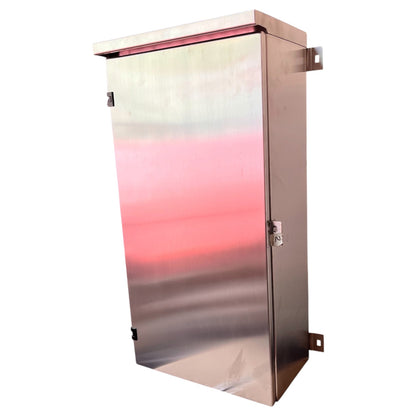 A tall stainless steel electrical cabinet with a brushed metal finish, featuring a hinged door, lock, and mounting brackets on the sides, shown against a plain white background.