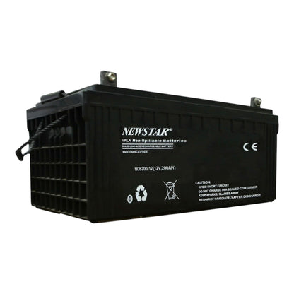 A black Newstar VRLA Non-Spillable battery, model NC200-12(12V/200AH), shown at a three-quarter angle on a plain white background.