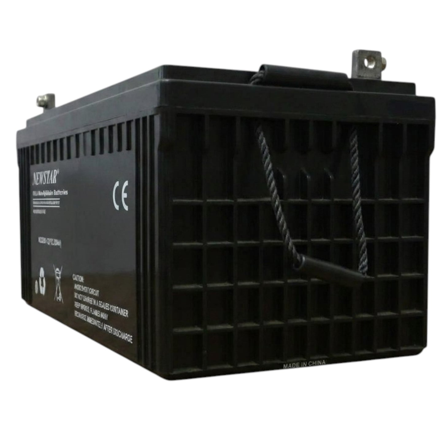 A black marine dual-hull battery with a ribbed plastic casing, a hanging strap, and a metal terminal, shown on a white background.