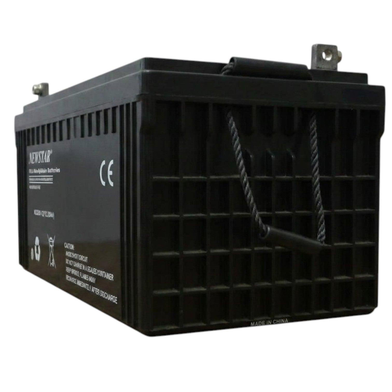 A black marine dual-hull battery with a ribbed plastic casing, a hanging strap, and a metal terminal, shown on a white background.