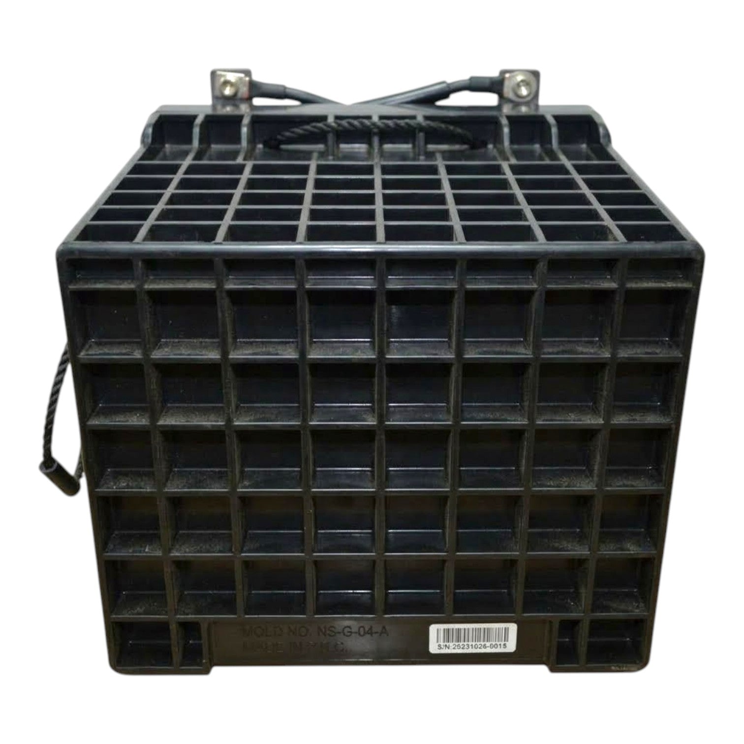 A black plastic battery tray or storage rack with a grid pattern, featuring metal terminal posts and cables at the top, set against a plain white background.