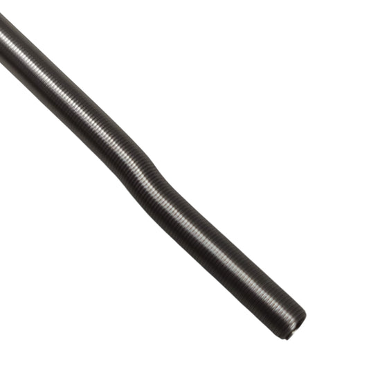 A close-up of a dark gray corrugated metal hose or tube segment on a solid white background.