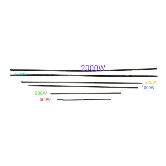 Five black flat heating elements of varying lengths and widths, labeled with power ratings in purple, blue, yellow, green, and red text on a plain white background.