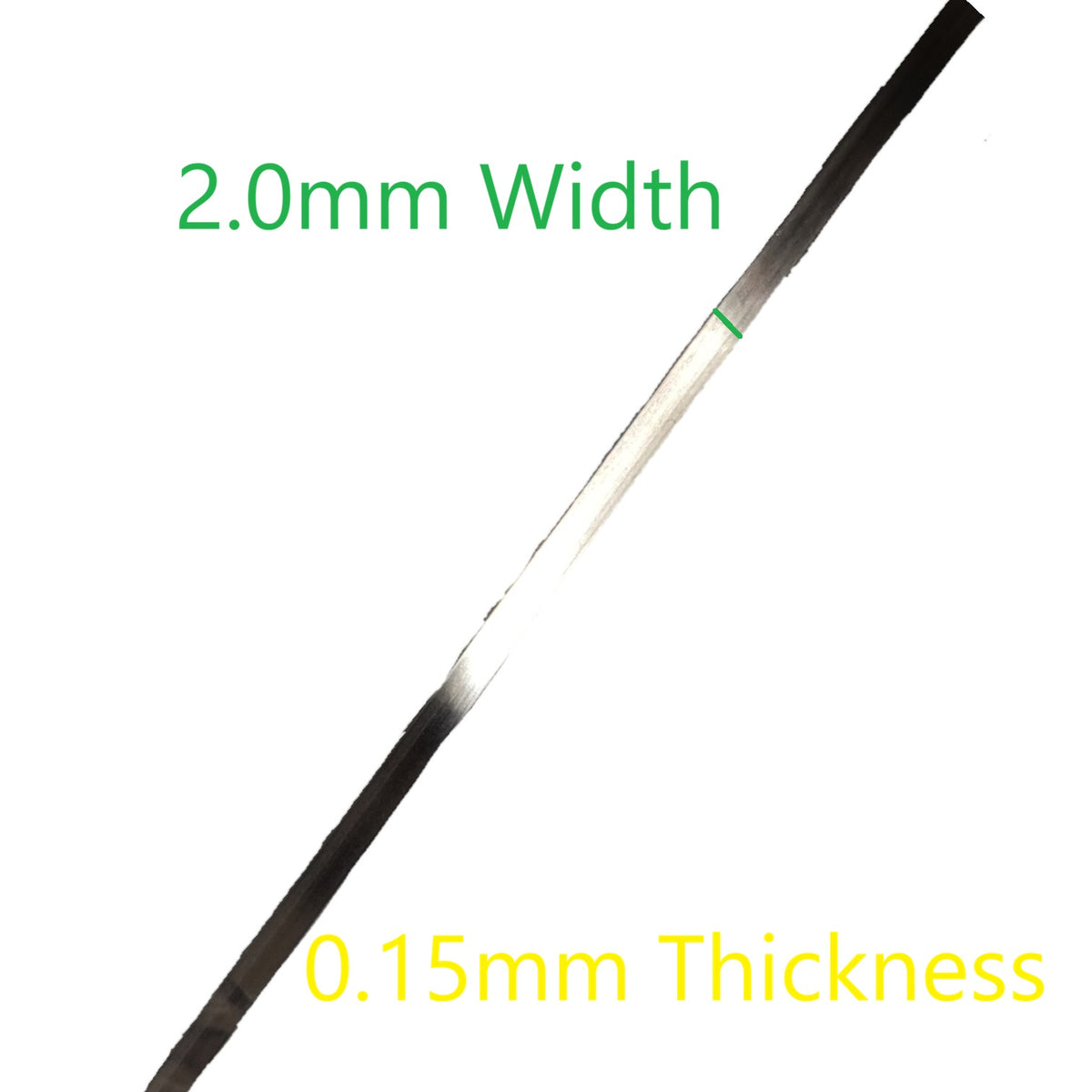 A single thin strip shown diagonally on a white background with green text reading '2.0mm Width' and yellow text reading '0.
