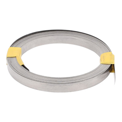 A coiled strip of metallic silver material, likely aluminum or stainless steel, secured with two yellow tape bands, shown on a plain white background.