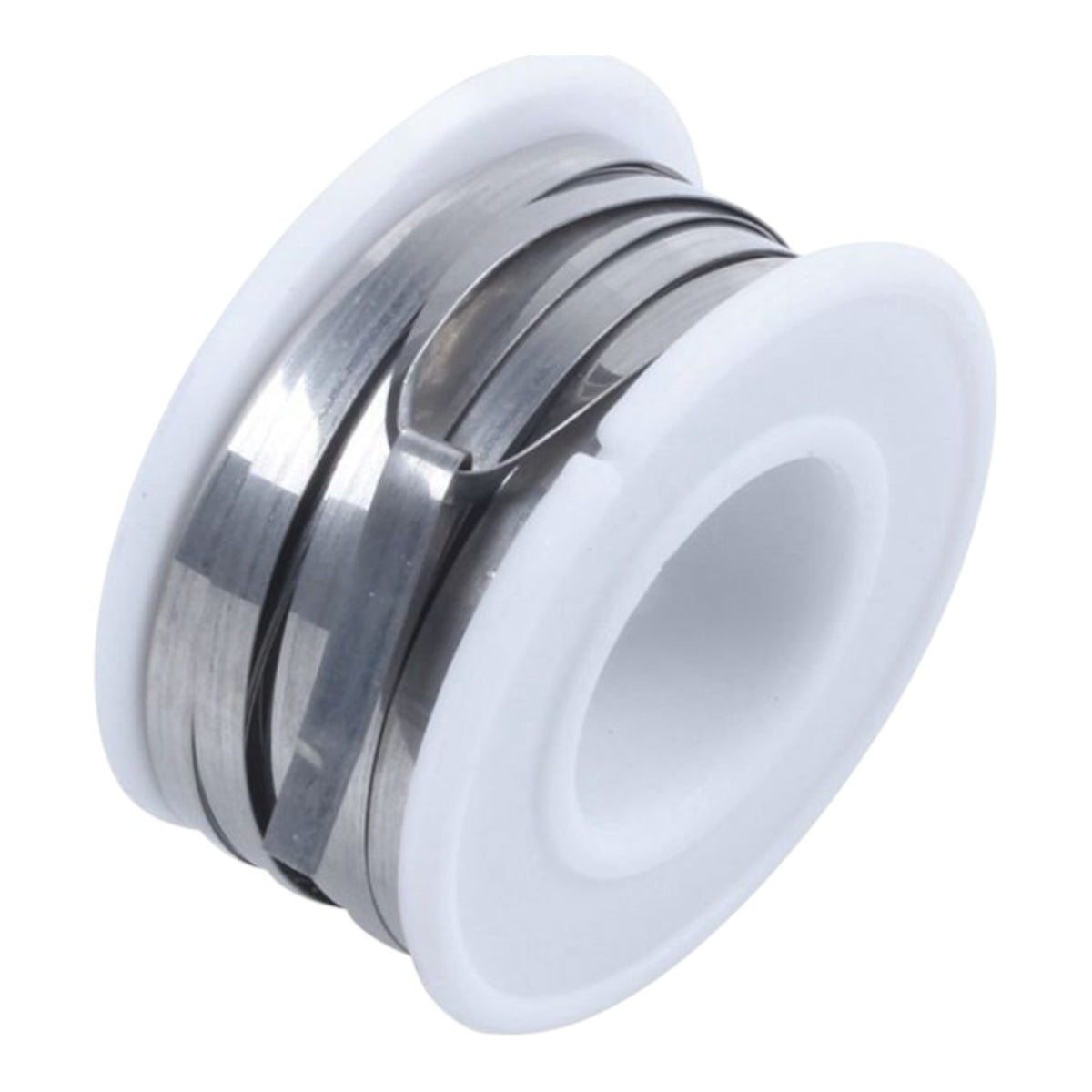 A spool of silver-colored metal wire wound tightly on a white plastic core, shown against a plain white background.