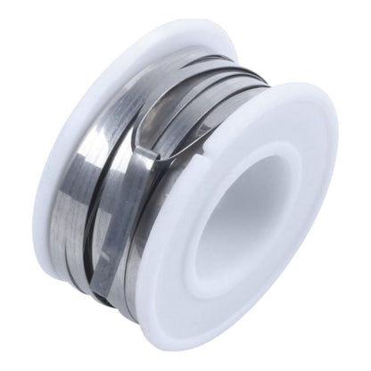 A spool of silver-colored metal wire wound tightly on a white plastic core, shown against a plain white background.