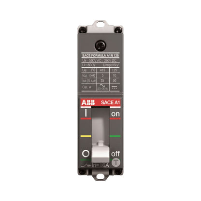 ABB SACE A1 125 circuit breaker with a dark gray housing, featuring a red and white front label, a central sliding switch, and technical specifications printed on the upper section.