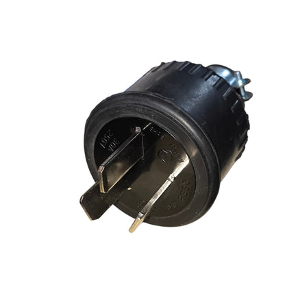 Black electrical plug on a white background