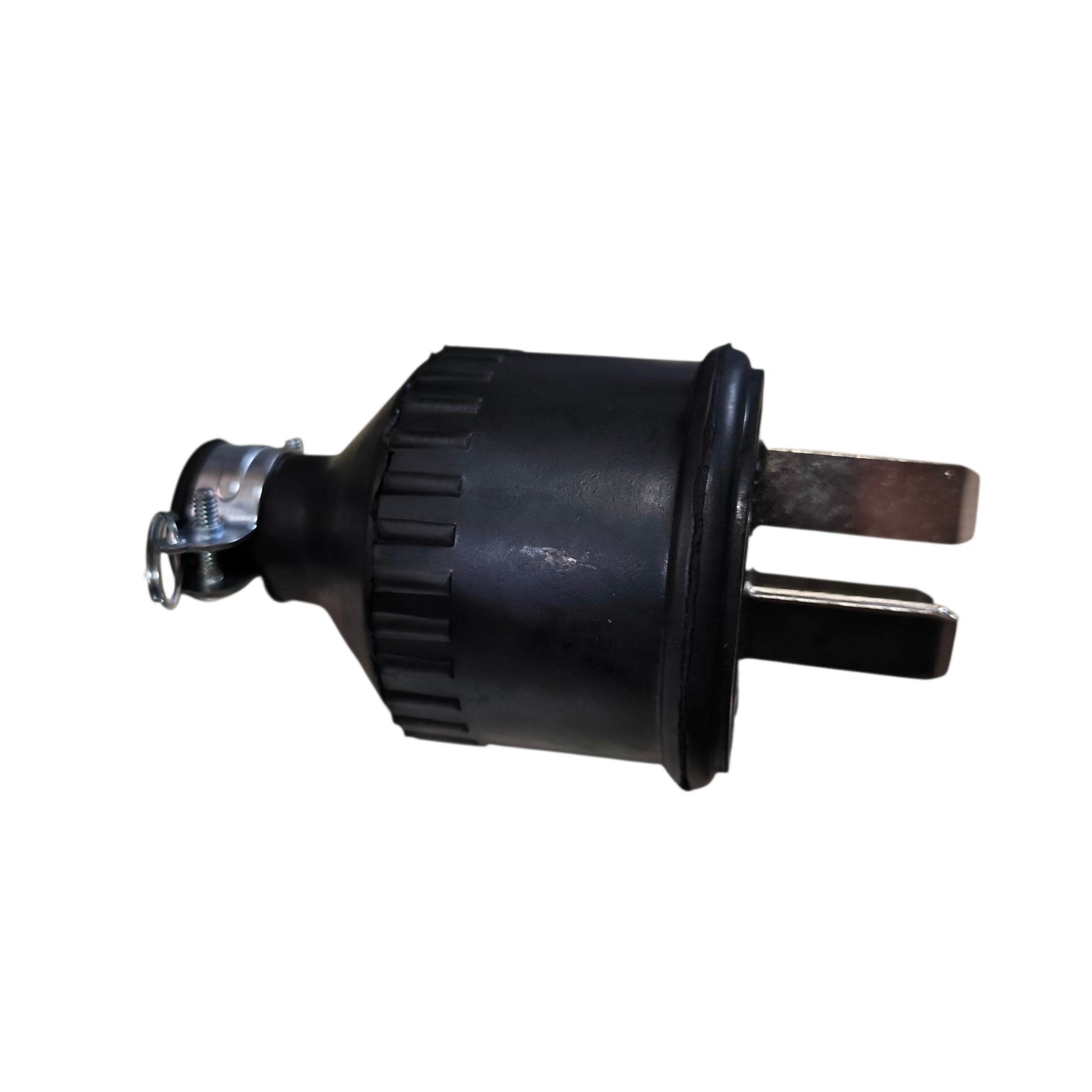 Black electrical plug on a white background