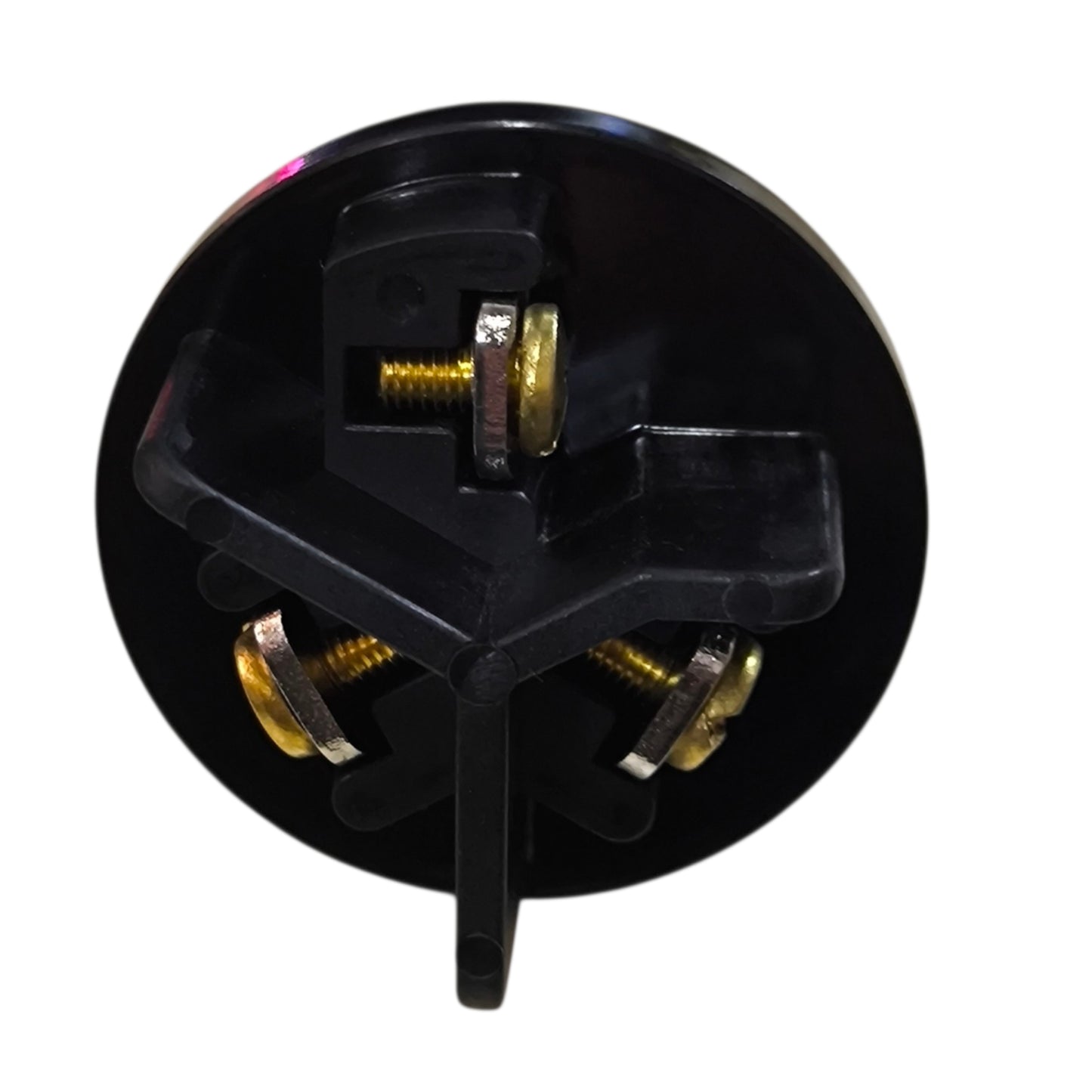 Black mechanical component with gold screws on a white background