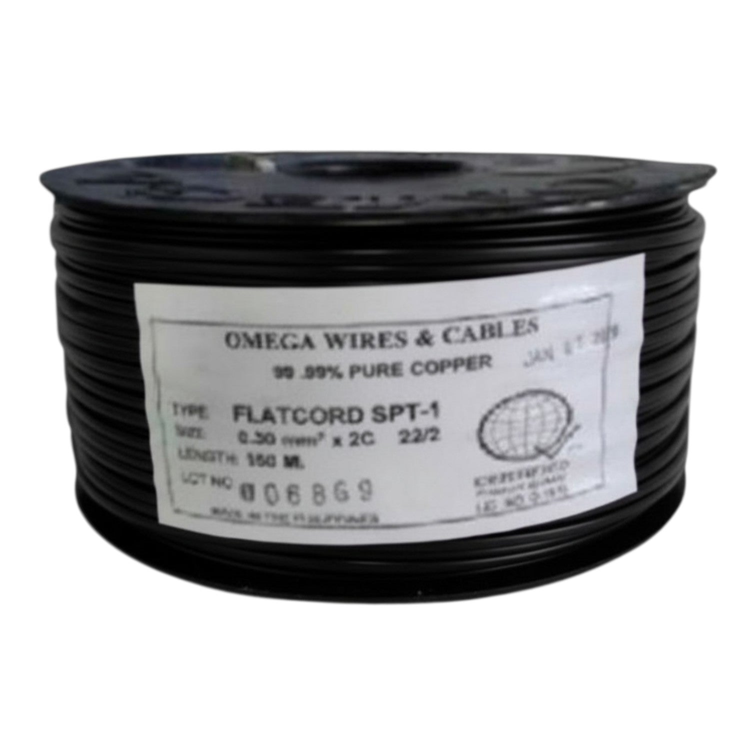 A spool of black flatcord copper wire with a white label reading 'OMEGA WIRES & CABLES' and 'TYPE: FLATCORD SPT-1'.