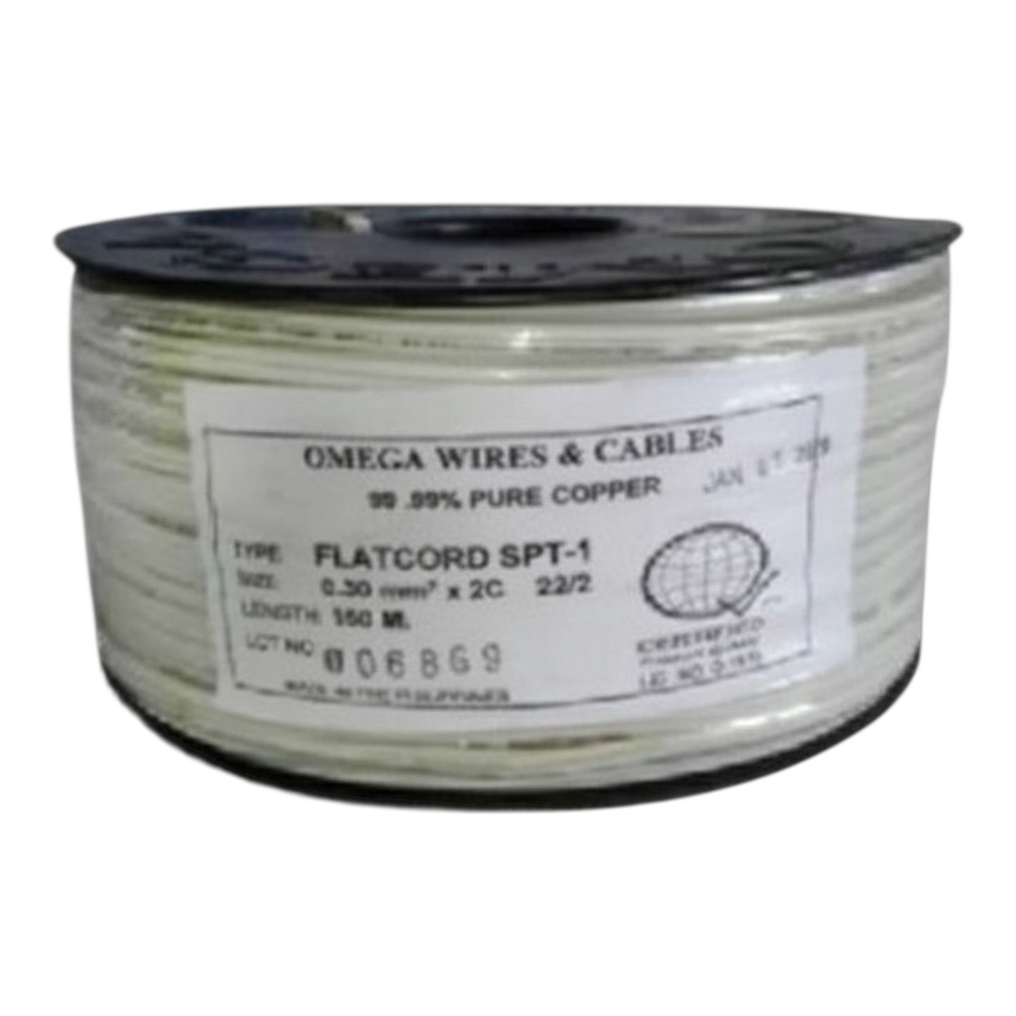 A spool of Omega Wires & Cables Flatcord SPT-1 copper wire, featuring a white label with black text on a black spool, set against a plain white background.