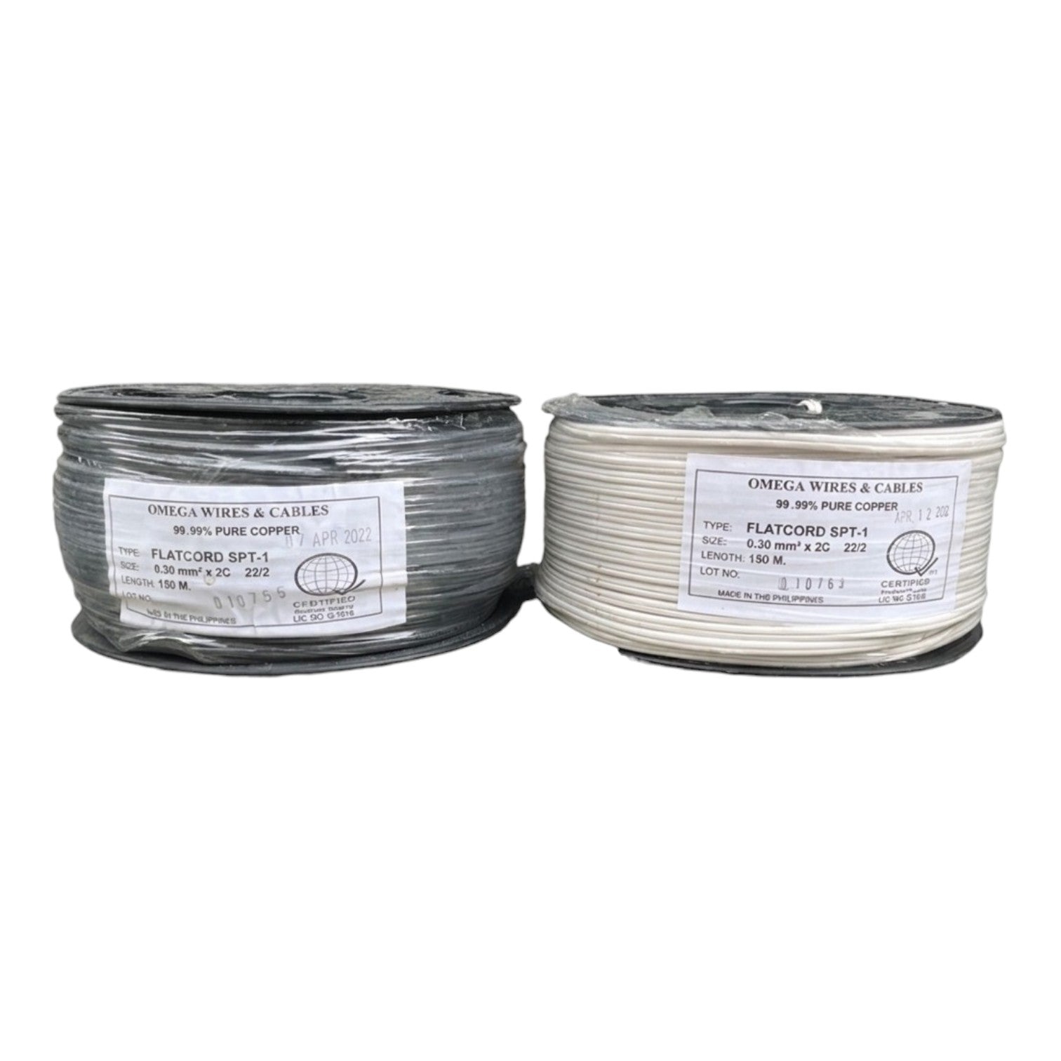 Two spools of Omega Wires & Cables flat cord copper cable, one in dark gray and one in off-white, shown side by side on a white background.