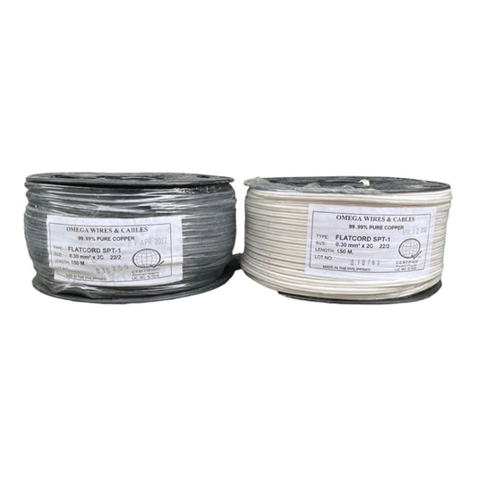 Two spools of Omega Wires & Cables flat cord copper cable, one in dark gray and one in off-white, shown side by side on a white background.