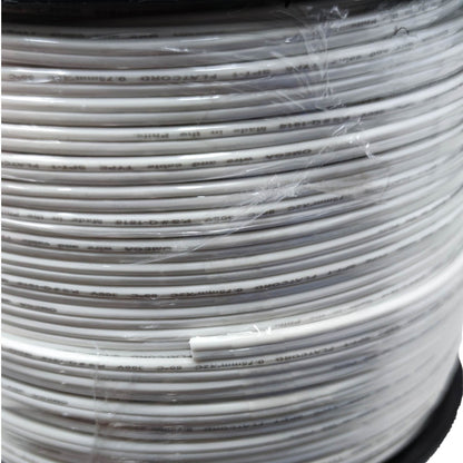 A close-up of a spool of white flat cable wrapped in clear protective plastic, with printed text visible on the cable.