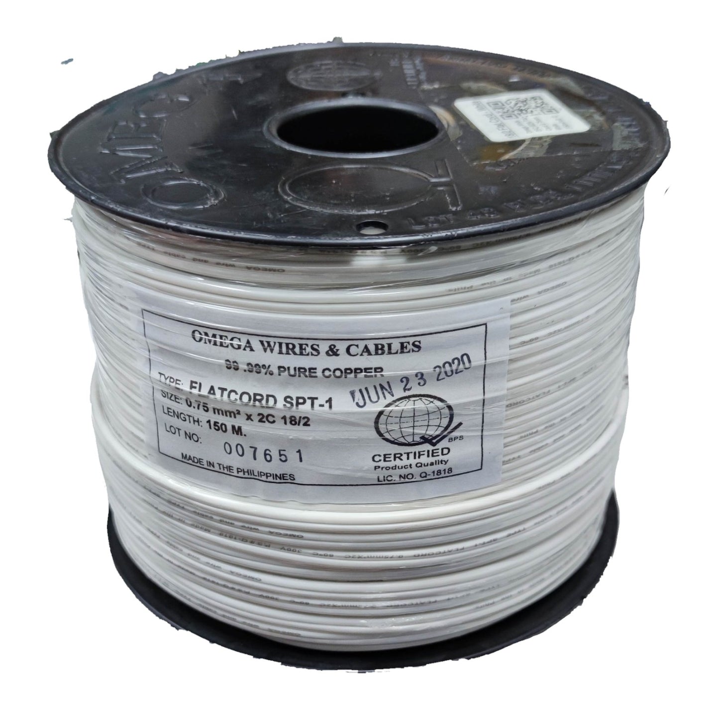 A spool of Omega Wires & Cables EI ATCORD SPT-1, 30% pure copper, 16/2 gauge, 160 meters, wound on a black spool with a white label.