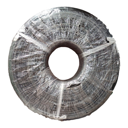 A large spool of dark gray or black mesh screen cloth wrapped in clear protective plastic, isolated on a white background.