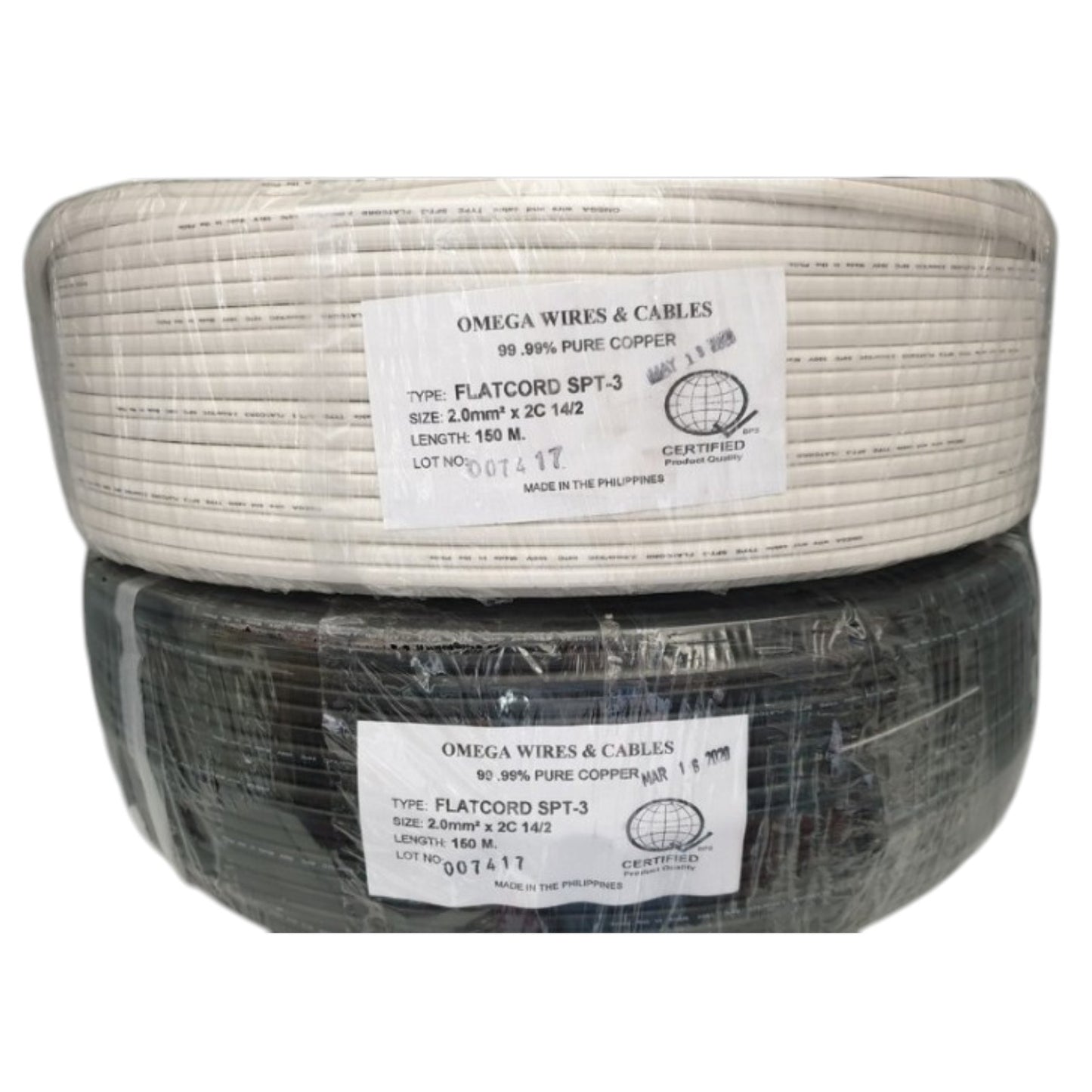 Two coiled rolls of Omega Wires & Cables Flatcord SPT-3 copper cable, one in silver and one in black, stacked together with a clear plastic wrap and white labels.