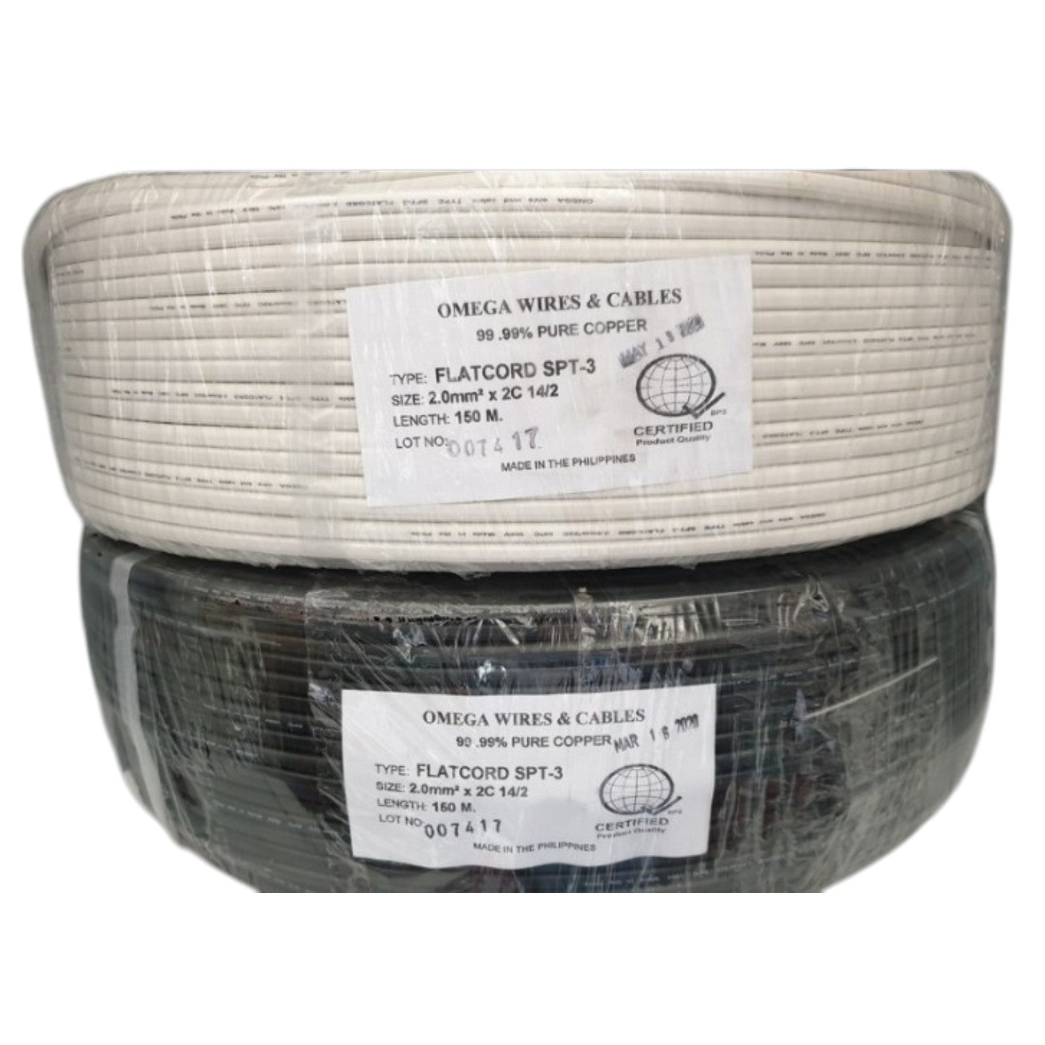 Two coiled rolls of Omega Wires & Cables Flatcord SPT-3 copper cable, one in silver and one in black, stacked together with a clear plastic wrap and white labels.