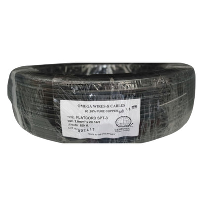 A spool of black flat cord wire wrapped in clear plastic with a white label reading 'OMEGA WIRES & CABLES' and 'TYPE FLATCORD SPT-3'.