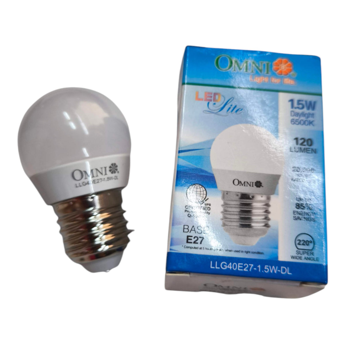 An OMNI LED light bulb with a frosted glass globe and brass E27 screw base, shown next to its blue and white retail packaging box on a plain white background.