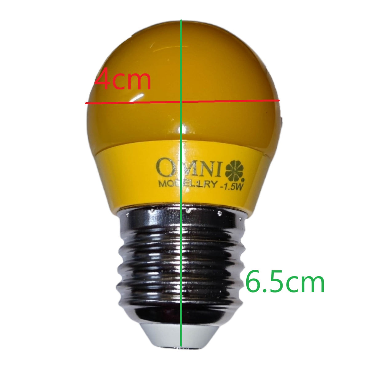 A yellow LED light bulb with a silver screw base, overlaid with red and green dimension lines showing a 4cm diameter and 6.5cm height.