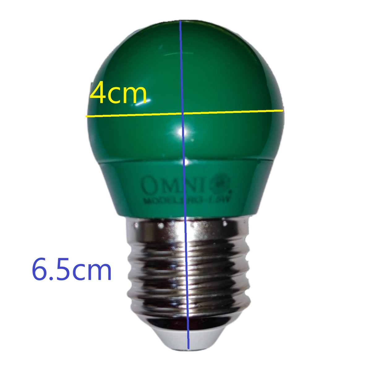 A green globe-style light bulb with an E14 screw base on a white background, overlaid with dimension lines showing a 4 cm diameter at the top and a 6.5 cm total height.