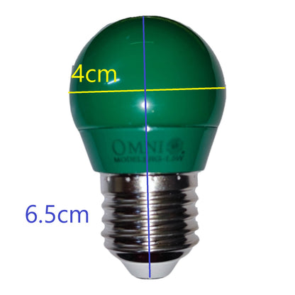 A green globe-style light bulb with an E14 screw base on a white background, overlaid with dimension lines showing a 4 cm diameter at the top and a 6.5 cm total height.