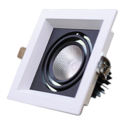 A square recessed LED downlight fixture with a white square frame, black inner trim, and a silver reflective lens, shown at an angle on a white background.