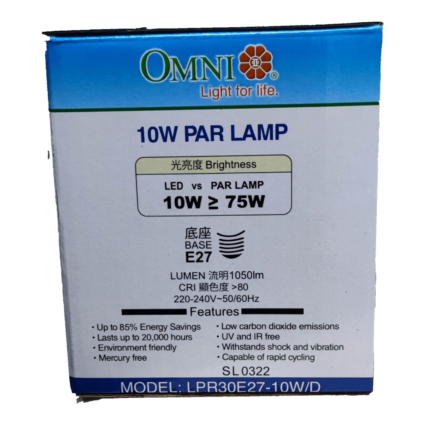 OMNI 10W PAR LAMP packaging with specifications on a white background
