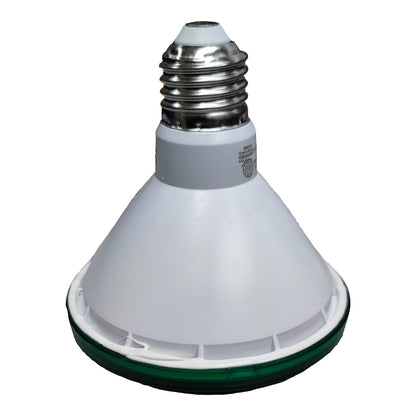 White light bulb with green base on a white background