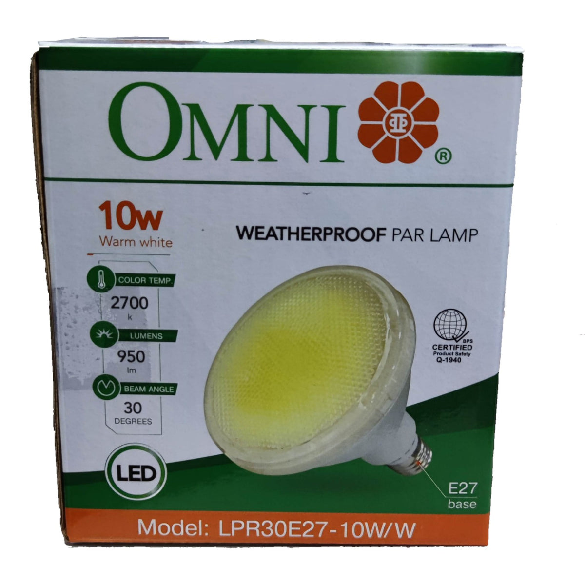 Box of Omni weatherproof par lamp with LED bulb on a white background