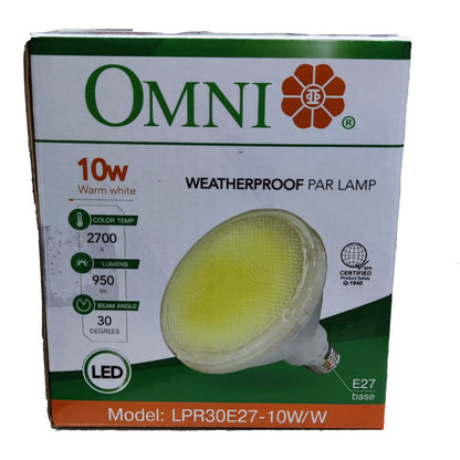 Box of Omni weatherproof par lamp with LED bulb on a white background